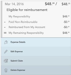 Tap any individual claim or expense to expand additional details and view a sub-menu to access additional screens.
