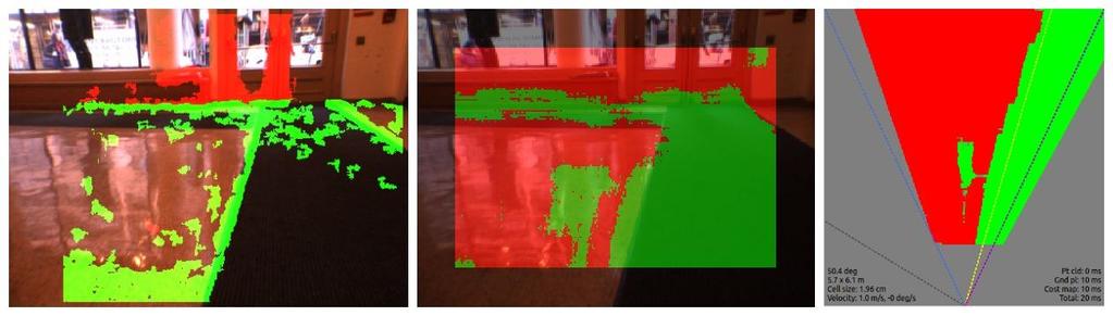 Figure 7: NYU Hall Carpet following from learning Figure 7 shows classification using only stereo data (on the left), the classified image using the human supplied labels from Figure 6 (middle) and