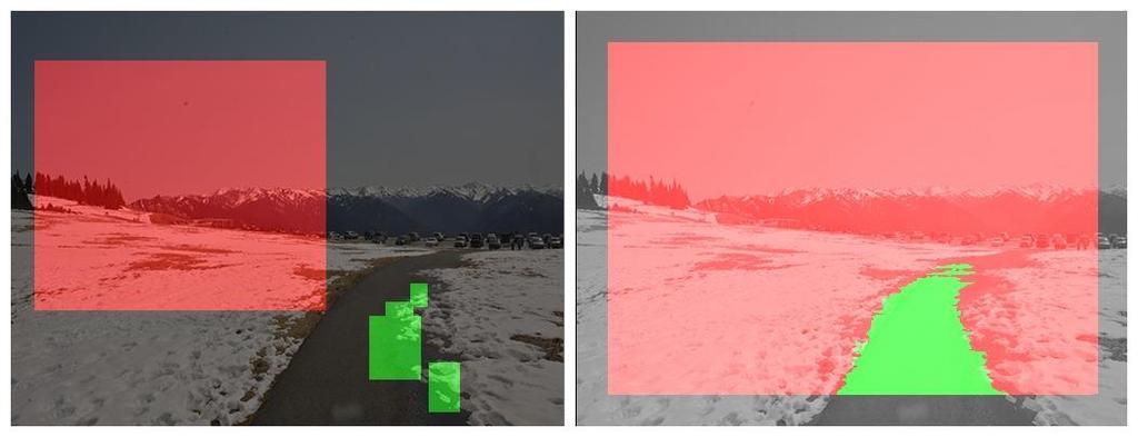 Figure 4: Examples of learning from hand-labeled region (left column) and classifications provided by our system (right column). Red indicates obstacles and green indicates drivable terrain.