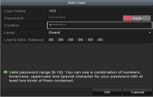 Figure 16. 6 Add User Menu 3. Enter the information for new user, including User Name, Password, Confirm, Level and User s MAC Address. Password: Set the password for the user account.