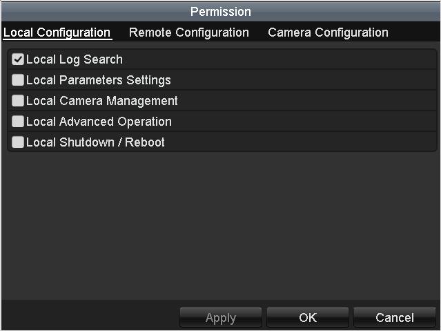 Figure 16. 8 User Permission Settings Interface 6. Set the operating permission of Local Configuration, Remote Configuration and Camera Configuration for the user.