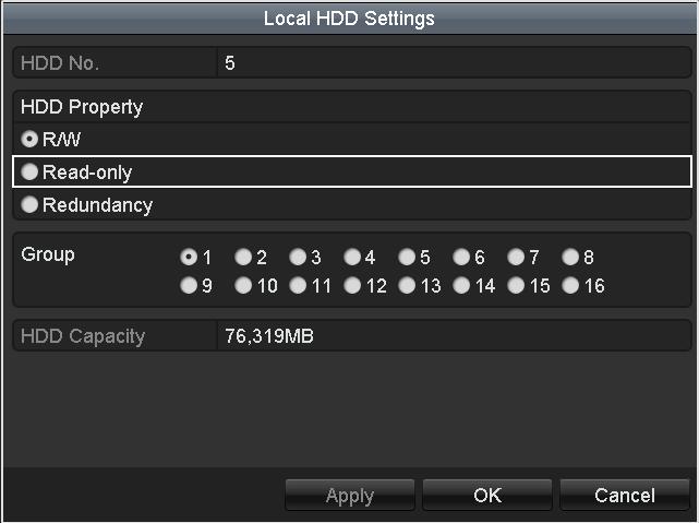 Figure 5. 35 HDD General- Editing To edit HDD property, you need to set the storage mode of the HDD to Group. See Chapter Managing HDD Group. 3. Set the HDD property to Read-only. 4.