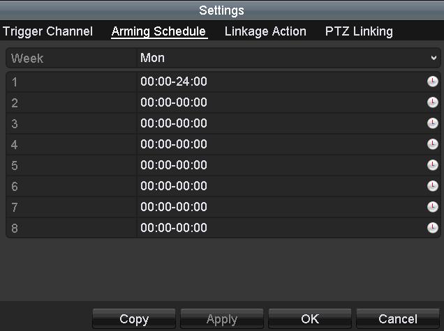 Select Arming Schedule tab to set the arming schedule of handling actions. Figure 8. 6 Set Arming Schedule of Alarm Input Choose one day of a week and Max.