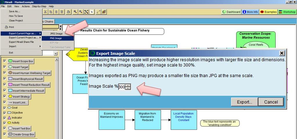 Example Export a Diagram (in JPEG or PNG formats) Use the JPEG or PNG formats to create images of items like Conceptual Models, Results Chains, or Threat Tables.