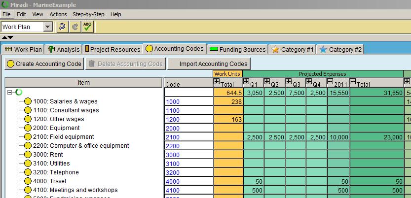 Accounting Codes Table, showing the expenses budgeted for each account; this format, once in
