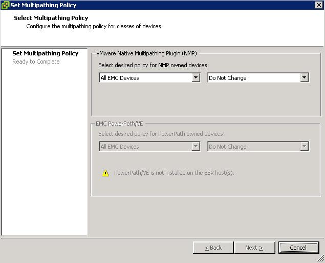 Using VSI for vsphere Client Path Management The EMC Path Management feature menu is accessed from the right-click menu when an ESX Host or ESX Cluster is selected. Select Set Multipathing Policy.