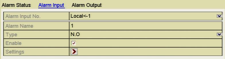 Set the handling method of the selected alarm input. Click the Enable checkbox and button to set alarm response actions. Figure 8.2.2 Alarm Input Settings Interface 3.