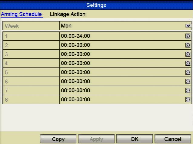 Figure 8.3.2 Set Arming Schedule of Video Loss Repeat the above steps to set arming schedule of other days of a week. You can also use Copy button to copy an arming schedule to other days. 4.