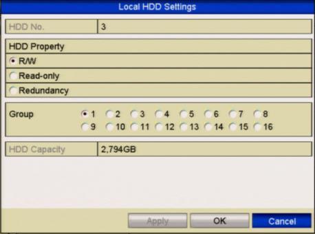 Figure 10.4.1.3 Local HDD Settings Interface 7. Select the Group number for the current HDD. The default group No. for each HDD is 1. 8. Click the OK button to confirm the settings. Figure 10.4.1.4 Confirm HDD Group Settings 9.