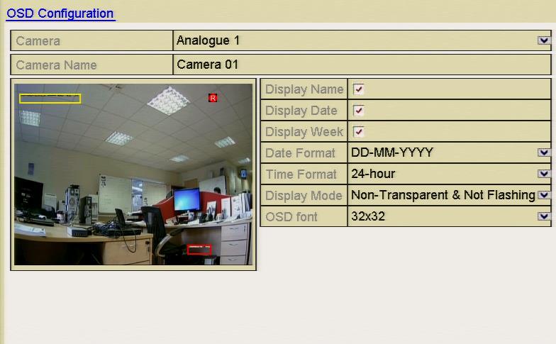 10.11 Configuring OSD Settings Purpose: You can configure the OSD (On-screen Display) settings for the camera, including date /time, camera name, etc. 1. Enter the OSD Configuration interface.