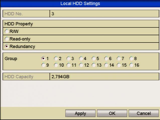 5.8 Configuring Redundant Recording Purpose: Enabling redundant recording, allows recorded files held on the hard drive to be automatically duplicated on another hard drive setup as the redundant HDD.