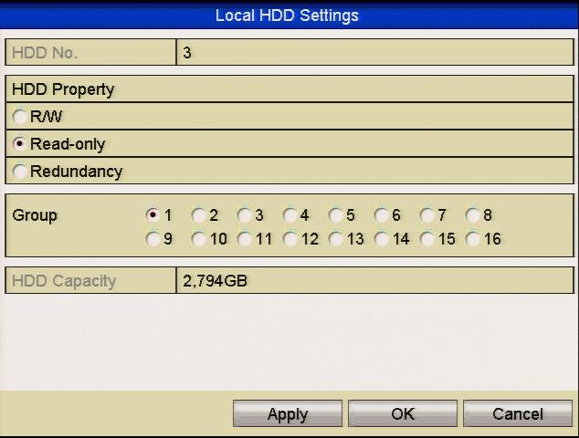 Protect file by setting HDD property to Read-only Before you start: To edit HDD property, you need to set the storage mode of the HDD to Group. See Chapter 9.8. Managing HDD Group. 1.