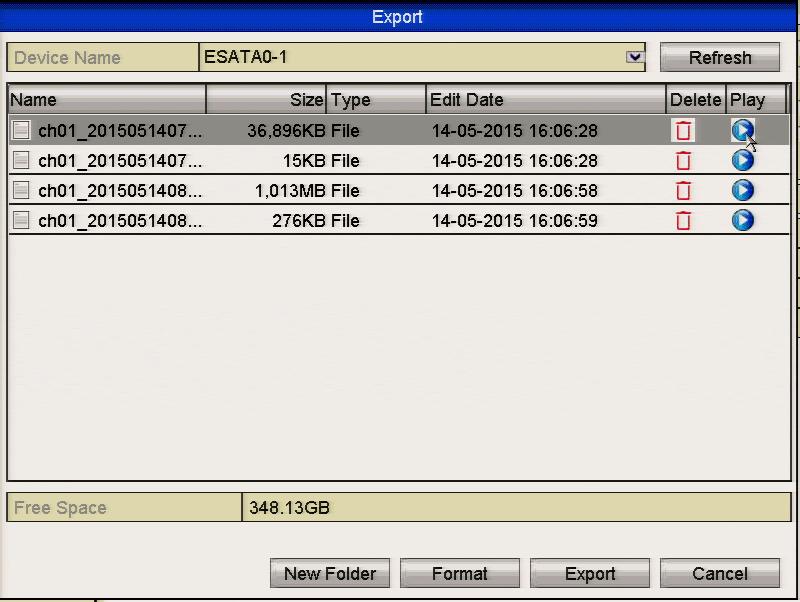 Figure 7.1.1.6 Export by Normal Video Search Using esata HDD Stay in the Exporting interface until all recorded files are exported with display message Export finished. 5. Check backup result.