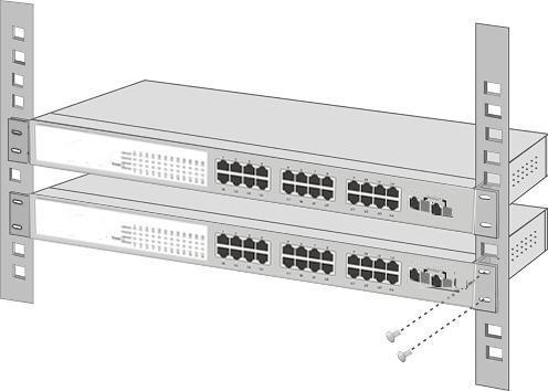 Step5: After the brackets are attached to the Switch, use suitable screws to securely attach the brackets to the rack, as shown in figure 2-4.