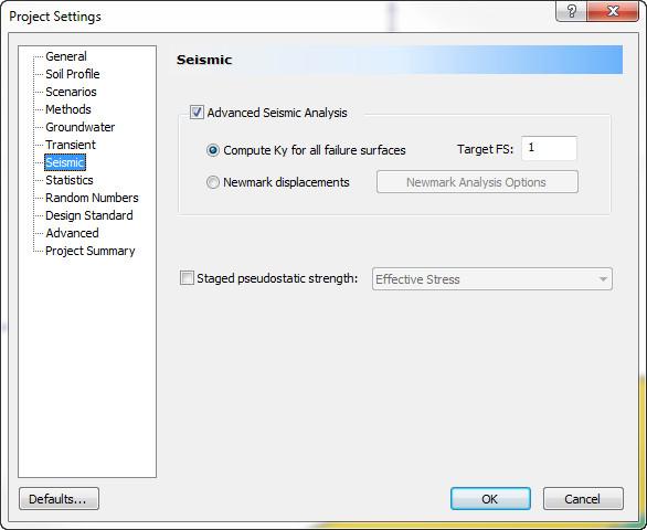 Select the Advanced Seismic Analysis checkbox. Notice that the Compute Ky for all failure surfaces option is selected. This option must be selected in order to compute k y for all failure surfaces.