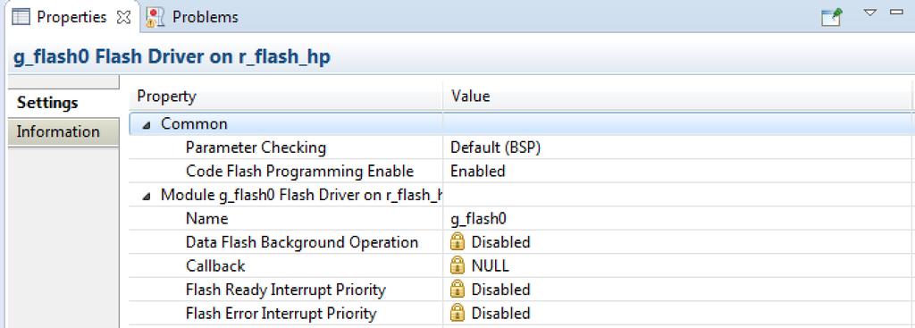 Click on the g_flash0 component and examine the properties like the following figure and find the Code Flash Enable Programming property.
