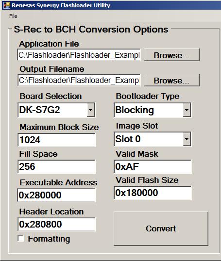 Figure 71 Application Slot 1 S-Record to BCH Conversion Settings Second, you will want to make sure that you erase the block associated with the slot location you are planning to store a new image in.
