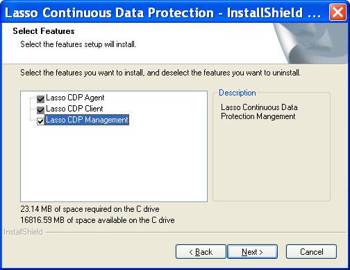 2.1.1 Custom Installation Lasso CDP can be configured to install only the needed software modules (Figures 6 and 7). Lasso CDP Agent Required installation.