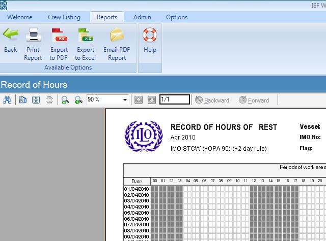 The timesheet or "Hours Record" report generated by Watchkeeper is presented in the format required by the IMO/ILO Guidelines for Formats of Records of Seafarers' Hours of Work or Hours of Rest.
