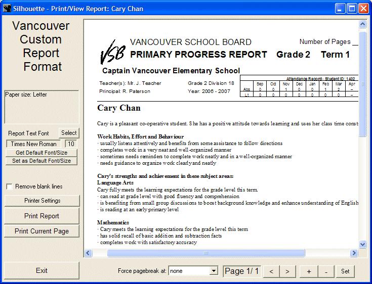 Chapter 6 Chapter Five: Student Reports 73 Print/View Viewing the Report When this option is selected, Silhouette create a print preview of the student report.