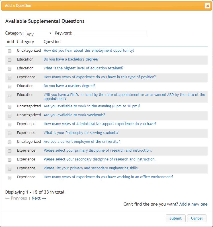 The system includes over Eoo and Central HR-approved supplemental questions to choose from. You can browse by category or search by keyword.