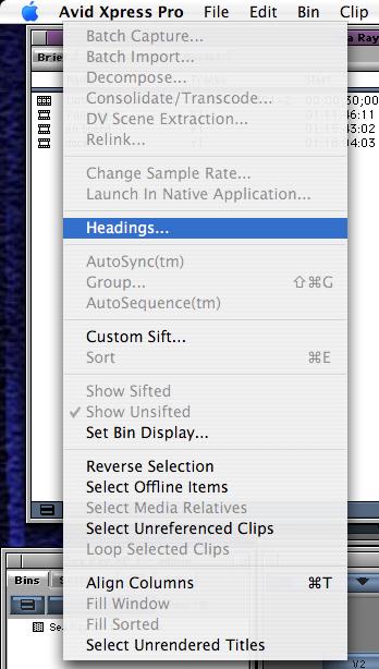3.2 Bin Menu When you have completed the capture, you will need to alter the starting timecode value of each