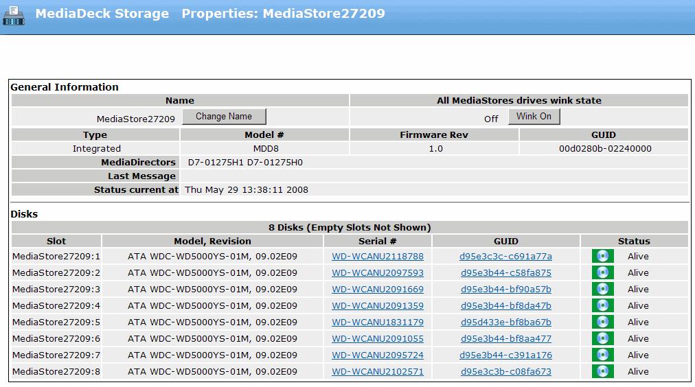 1. On the System diagram, click any Omneon MediaDeck heading (or icon) to reach the Physical Configuration page, shown in Figure 113. Figure 113. Physical Configuration Page 2.
