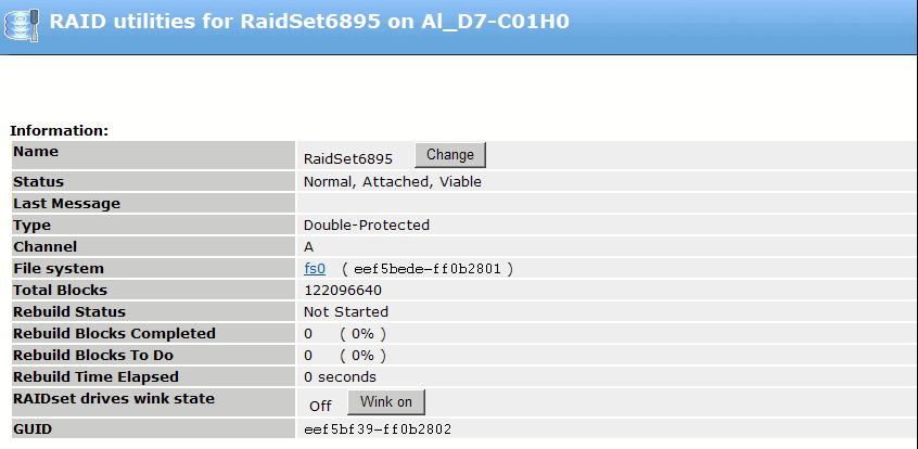 Figure 117. RAID Utilities Page Name: Click to rename a RAID set. Refer to Renaming a RAID Set for instructions. Status: Displays the current status of the selected RAID set.