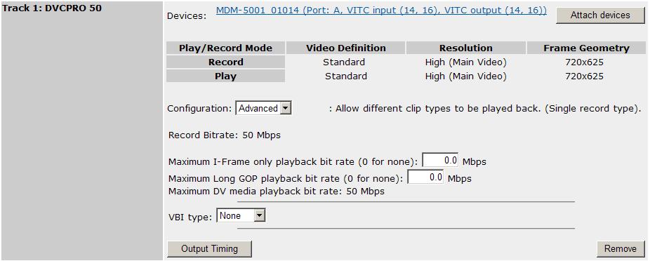 Figure 40. Creating a DVCPRO 50 Player Advanced Configuration If you select Advanced, the Player records a single type of clip but plays back different types of DV, DVCPRO, or MPEG clips.