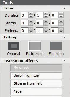44 SuperSign Server Editing with the Tools Panel Photo Time Fitting Menu Transition effects Function Sets the playback duration of a photo.