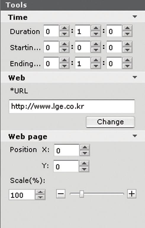 46 SuperSign Server Websites Menu Time Web Web page Function Sets the selected website's playback time. Changes the URL.