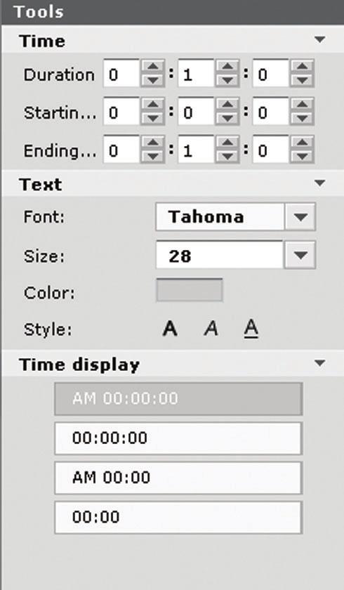 48 SuperSign Server Time Menu Time Text Time display Function Sets the display time of the text.