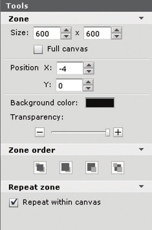 SuperSign Server 49 Zone Menu Zone Zone order Repeat zone Function Size: Adjusts the zone size. Position: Adjusts the zone's position on the Canvas.