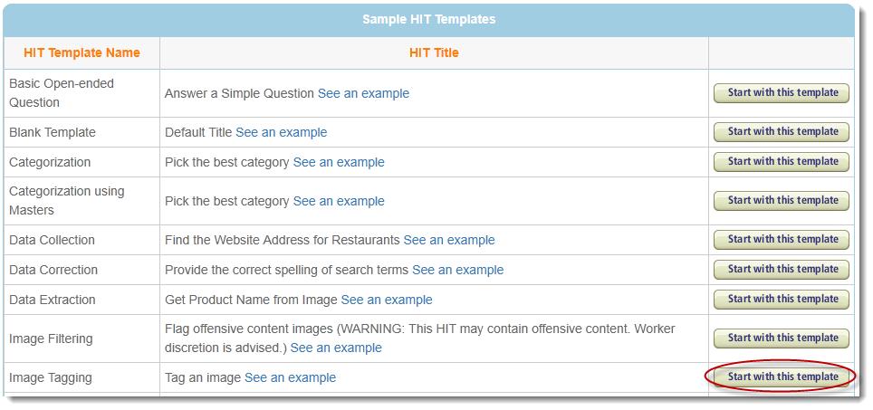 Creating a HIT Template The following image shows the Image Tagging HIT template.