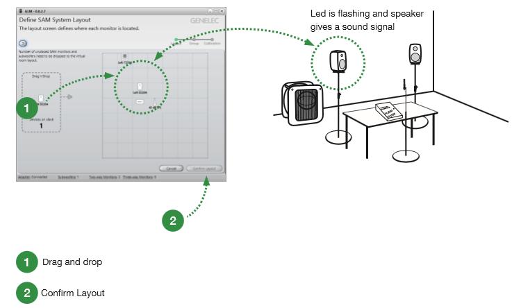 Genelec SAM GLM 2.0 System Operating Manual page 13 of 39 When you drag, the real monitor plays an identification tone and flashes the front panel LED.