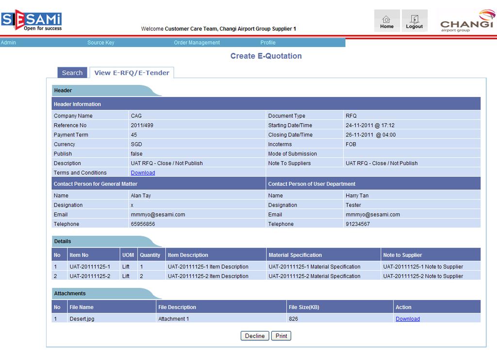 Preview of E-Request For Quotation/E-Tender Click the Decline button if