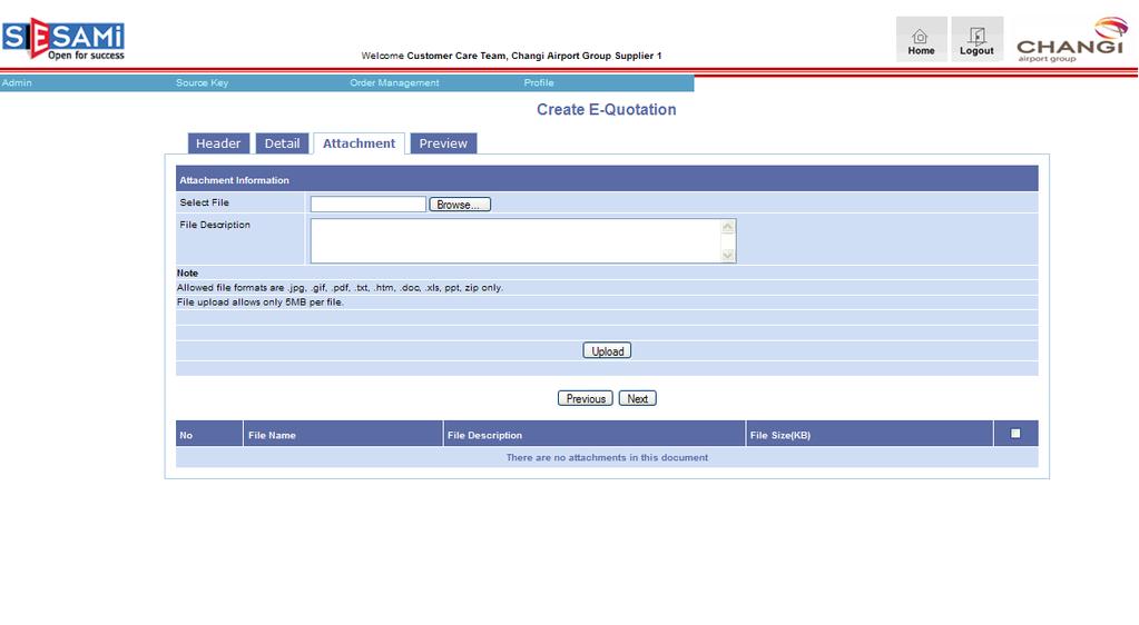 Create E-Quotation Attachment Tab Attachment Input Area where users can select documents to be