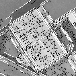 (a) Figure 6: (a) Detail of figure 1a with projected 3D lines (white). This building is used to illustrate the reconstruction method. The correct reconstruction is a four plane hip roof.