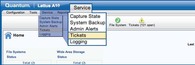 Chapter 9: Troubleshooting Monitoring the Lattus A10 Access Node for Tickets Monitoring the Lattus A10 Access Node for Tickets The Service menu's Tickets option allows you to view a list of RAS