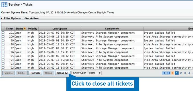 Chapter 9: Troubleshooting Monitoring the Lattus A10 Access Node for Tickets Closing Tickets When you no longer need to retain ticket information, you can close (delete) selected tickets or all