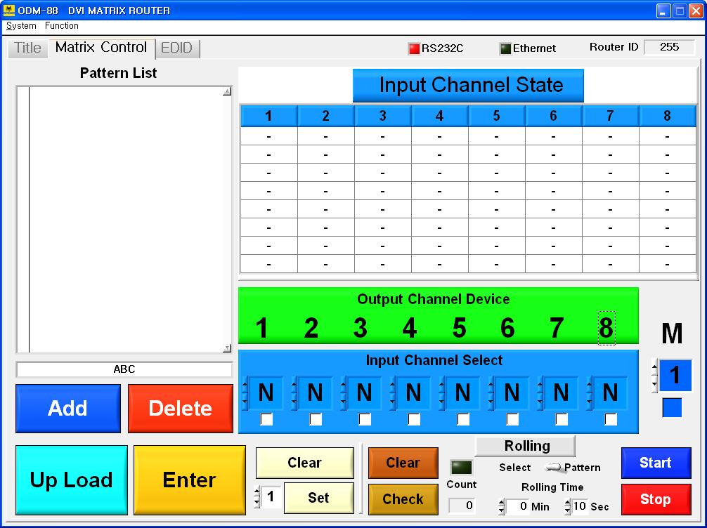3.4.6 Matrix Control Folder Set the IN/OUT channel and save the edited data. Set the Monitoring Output. Set the Rolling function. Read switching pattern of IN/OUT CH by selecting Upload button. 3.4.7
