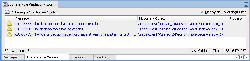 For example, the following dictionary object specification indicates a problem: OracleRules1/Ruleset_2/Rules_1/Pattern[1] In validation messages, the dictionary object name for a rule uses indexes