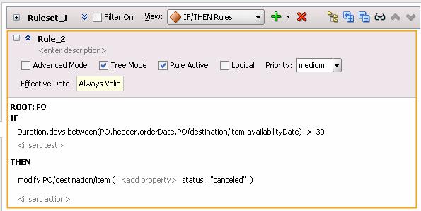 Working with Tree Mode Rules For example, consider creating a rule for an instance of the PO schema that states: IF the time between the order date and the date for availability of an item is more