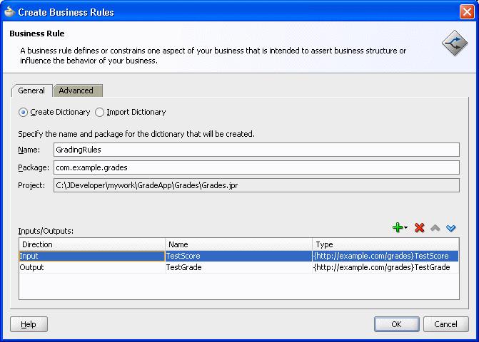 In the Create Business Rules dialog, in a similar manner to the input add the output by selecting Output.