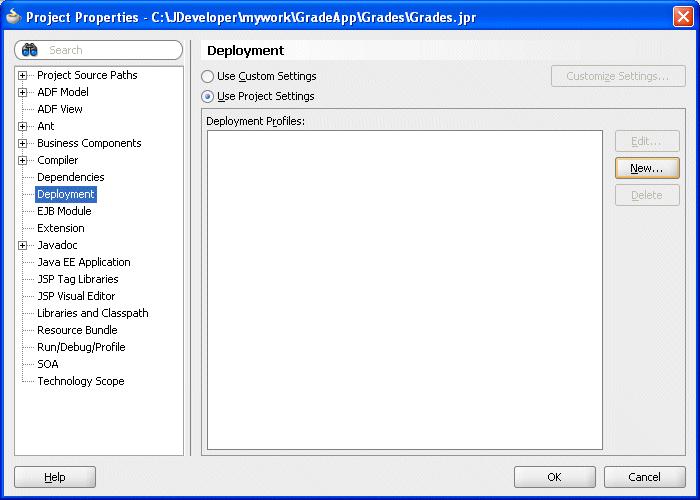 Preparing the Grades Sample Application for Deployment Figure 9 21 Project Properties - Deployment 4. In the Project Properties dialog, click New... This displays the Create Deployment Profile dialog.
