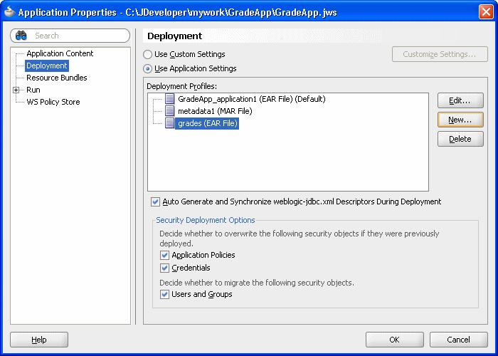 Deploying and Running the Grades Sample Application Figure 9 34 Application Properties - Deployment - EAR 9. Click OK to close the Application Properties dialog. 10.
