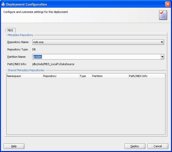 Deploying and Running the Grades Sample Application Figure 9 35 Deployment Configuration Dialog for MDS with Repository and Partition 5. In the Deployment Configuration dialog, click Deploy. 9.7.