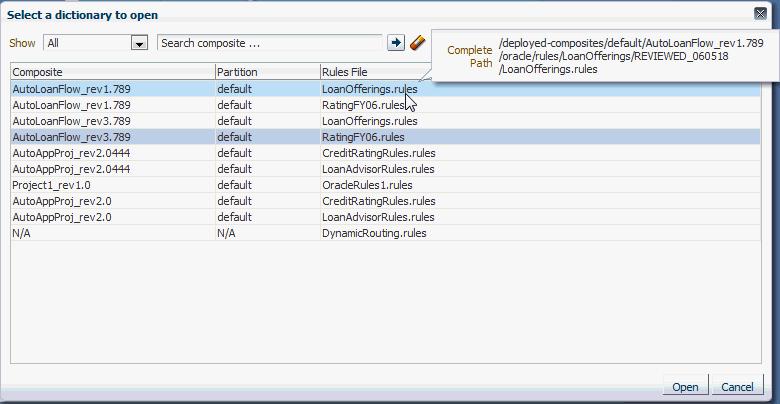 When you hold the mouse over the values in the Rules File field, Oracle SOA Composer shows a "Complete Path" popup that includes the dictionary path, as shown in Figure 12 10.