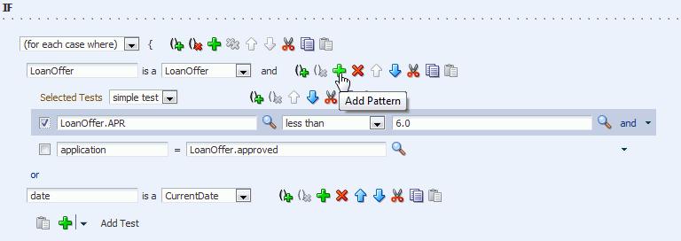 Editing Rules in an Oracle Business Rules Dictionary at Runtime Figure 12 43 Adding a Pattern Delete a pattern: Click the Delete Pattern icon to delete a pattern from a rule.