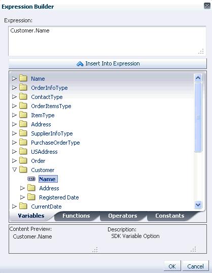 Using the Oracle SOA Composer Browser Windows The different types of browsers provided by Oracle SOA Composer are: Expression Builder Condition Browser Date Browser Right Operand Browser 12.7.